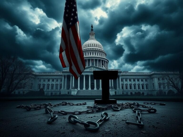 Flick International U.S. Capitol building under dark storm clouds with an American flag and broken chains, symbolizing democracy's struggle