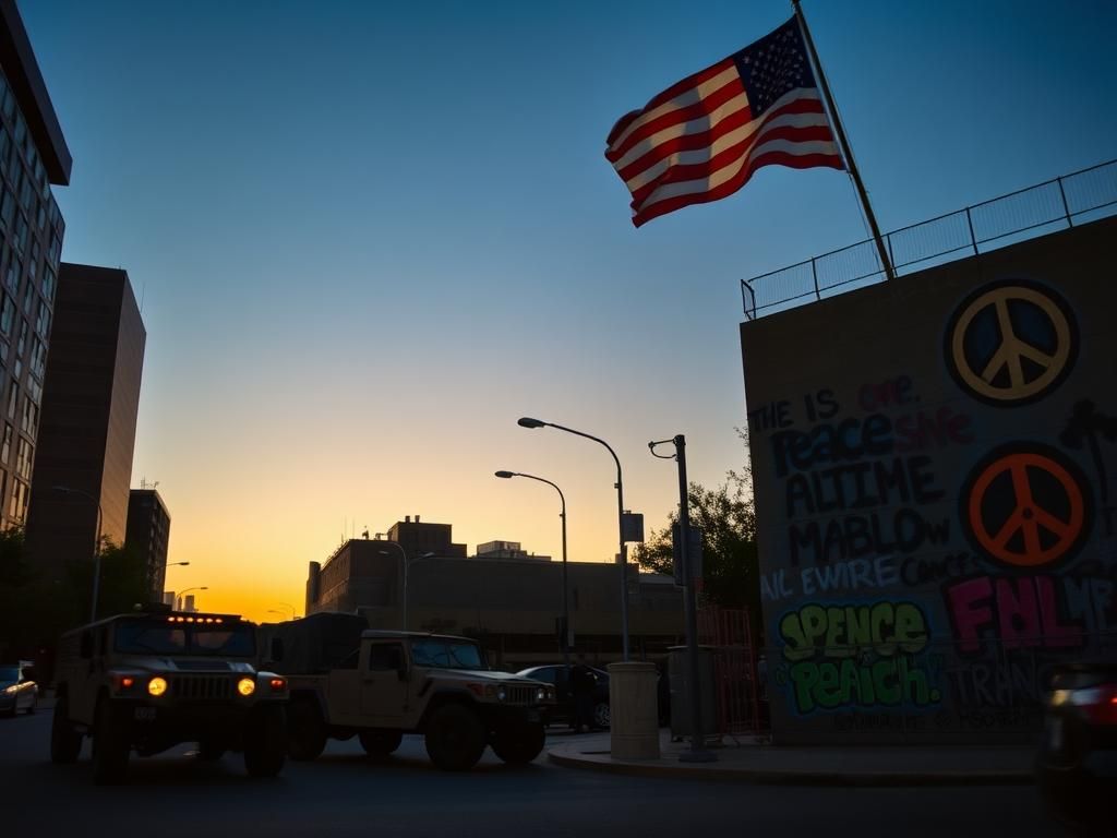 Flick International Marines' vehicles contrasting with urban protest symbols in Los Angeles