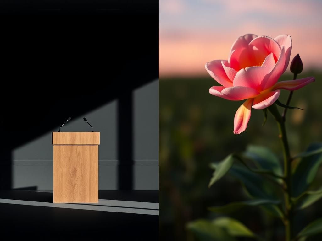 Flick International A split-screen image showcasing contrasting scenes of a political debate on gender identity, featuring a stark office and a vibrant natural landscape.