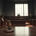 Flick International Courtroom setting with dark wood and gavel emphasizing legal proceedings