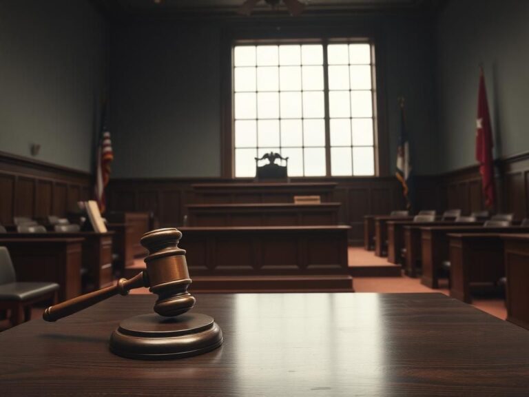 Flick International Courtroom setting with dark wood and gavel emphasizing legal proceedings