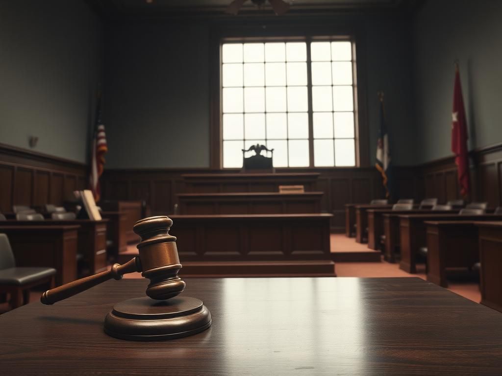 Flick International Courtroom setting with dark wood and gavel emphasizing legal proceedings