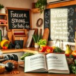 Flick International Vibrant kitchen scene filled with high-protein foods and strength training equipment