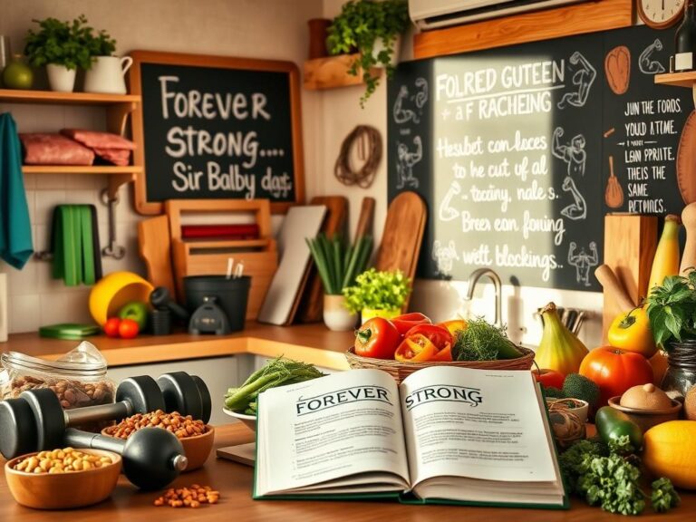 Flick International Vibrant kitchen scene filled with high-protein foods and strength training equipment