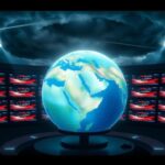 Flick International newsroom scene depicting the Iran-Israel conflict with news screens in Farsi