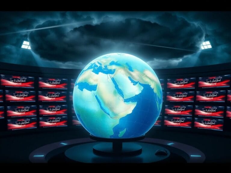 Flick International newsroom scene depicting the Iran-Israel conflict with news screens in Farsi