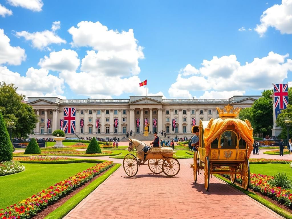 Flick International Buckingham Palace adorned with vibrant flags during Trooping the Colour ceremony