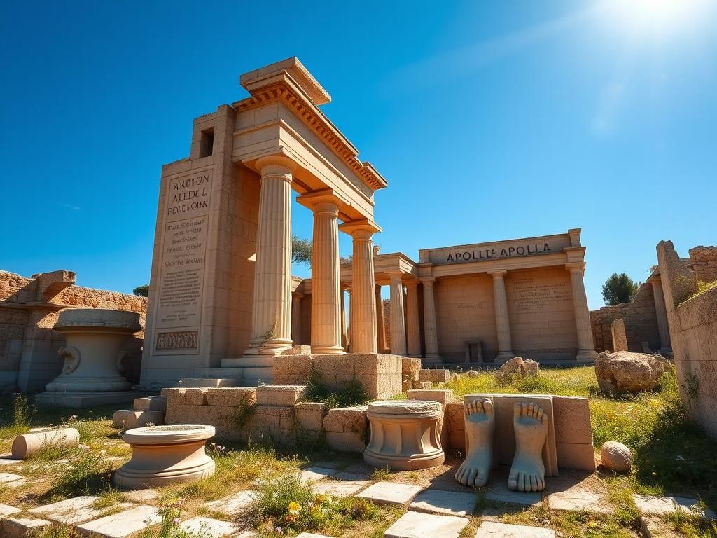 Flick International Ancient sanctuary ruins dedicated to Apollo with intricate carvings and wildflowers