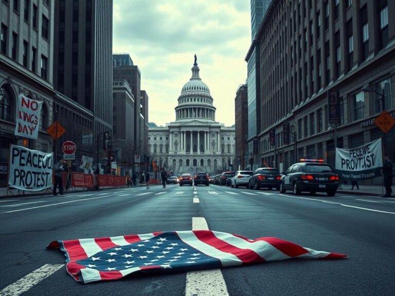 Flick International Demonstration scene in a major American city against Trump's military parade, featuring protest signs and police presence.