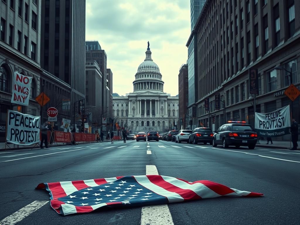 Flick International Demonstration scene in a major American city against Trump's military parade, featuring protest signs and police presence.