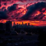 Flick International Dramatic sunset over Los Angeles with storm clouds and protest remnants