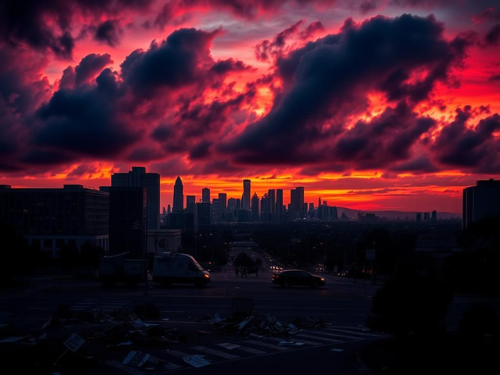 Flick International Dramatic sunset over Los Angeles with storm clouds and protest remnants