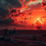 Flick International Abstract depiction of a military operation with a crumbled nuclear facility under ominous skies