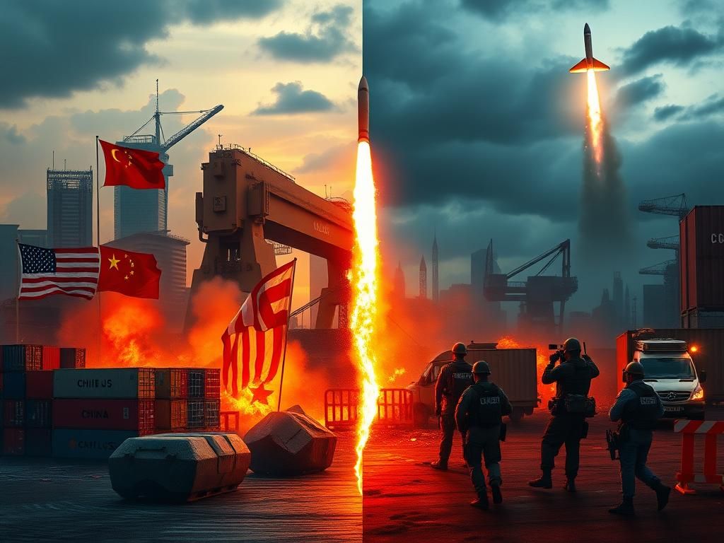 Flick International Split scene depicting President Trump's 21st week, showing international trade on one side and anti-ICE riots in Los Angeles on the other.