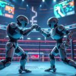 Flick International Two Unitree G1 robots engaged in an intense boxing match in a high-tech arena