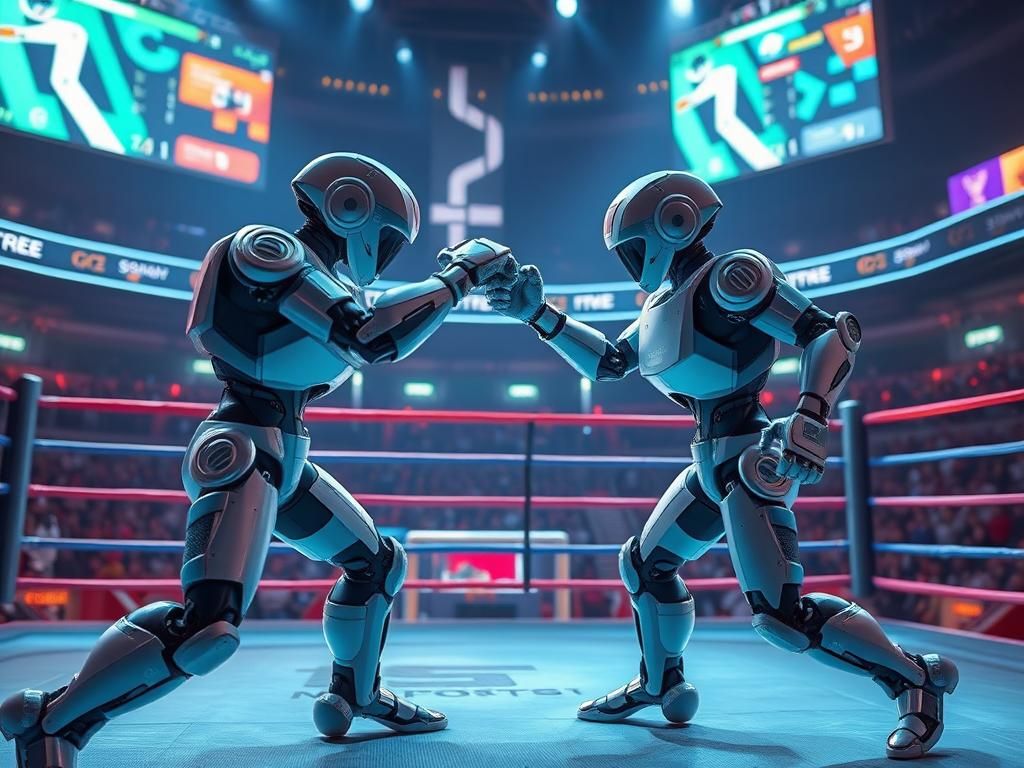 Flick International Two Unitree G1 robots engaged in an intense boxing match in a high-tech arena