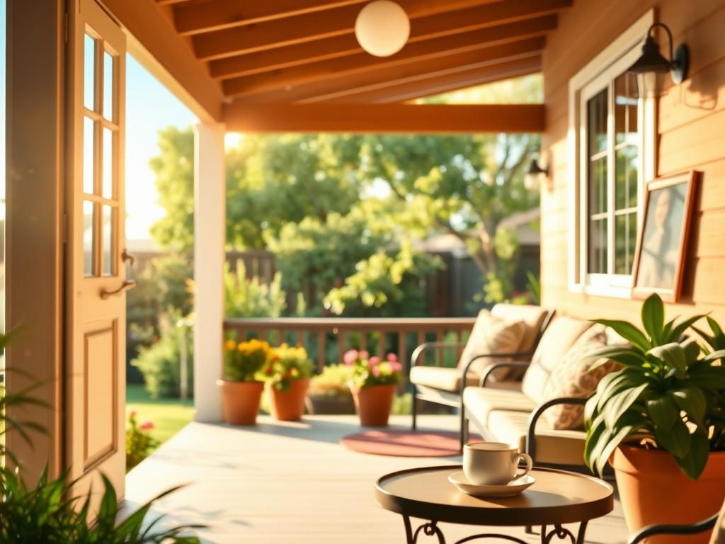 Flick International Serene California backyard scene with inviting porch and lush greenery