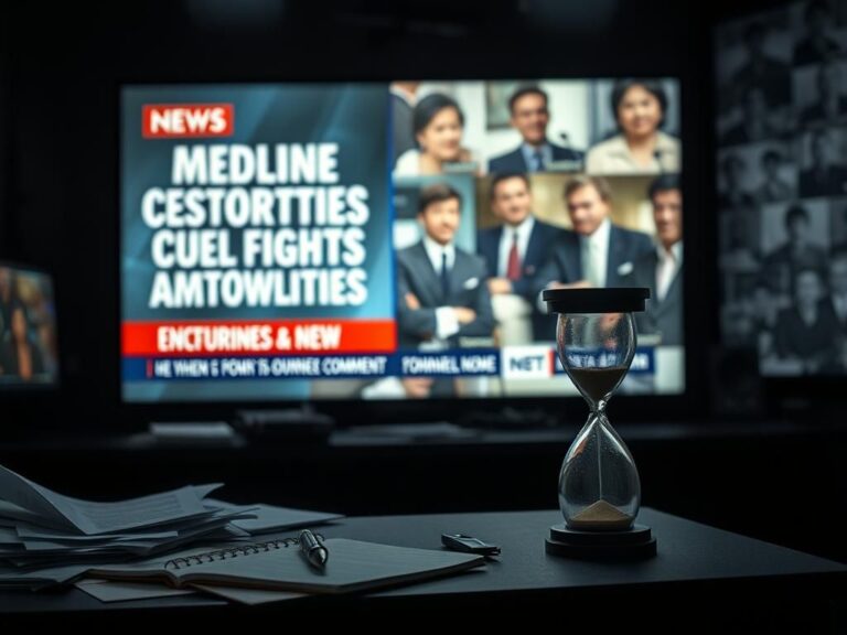 Flick International Dimly lit newsroom with large TV showing blurred news report on media controversies