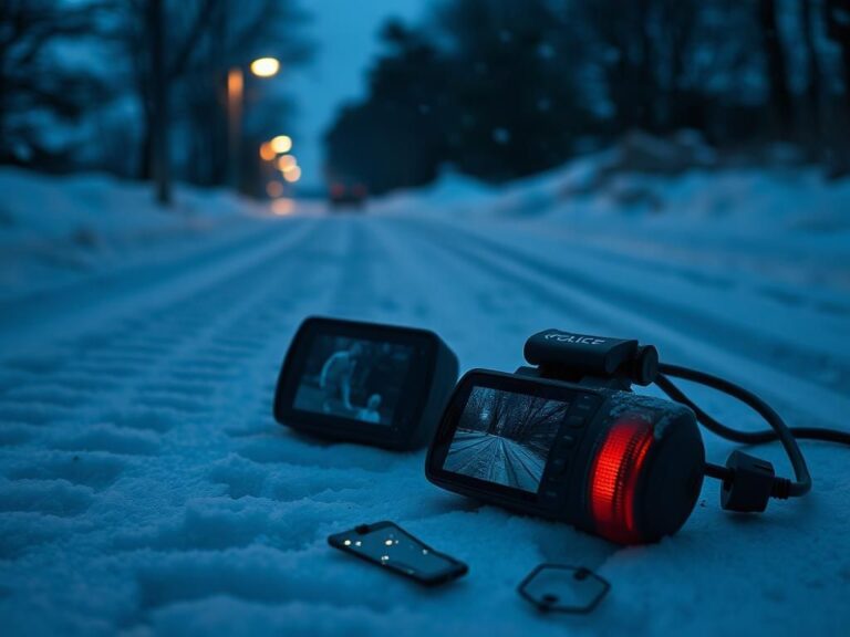 Flick International Close-up of a snowy crime scene at dusk with tire tracks and an abandoned police dashcam.