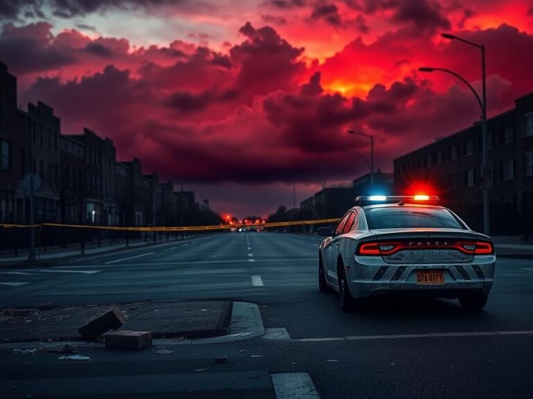 Flick International Empty city street at dusk with caution tape and police car signifies unrest and warning