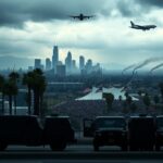 Flick International National Guard vehicles in Los Angeles under a cloudy sky with protest banners in the background