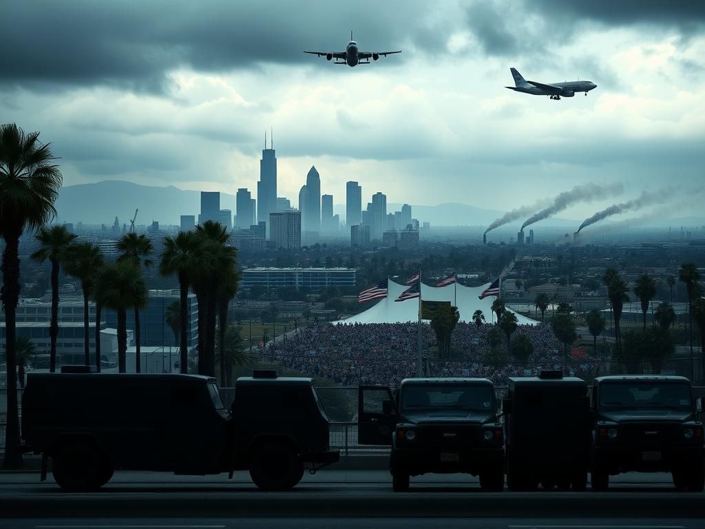 Flick International National Guard vehicles in Los Angeles under a cloudy sky with protest banners in the background