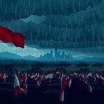 Flick International A stylized military parade scene featuring colorful flags amidst dark clouds