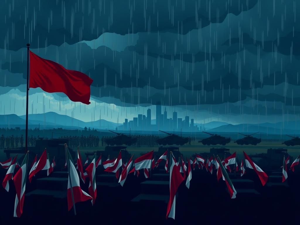 Flick International A stylized military parade scene featuring colorful flags amidst dark clouds