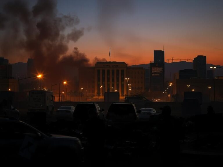 Flick International Urban landscape of Los Angeles at dusk showing signs of protest with a fractured cityscape