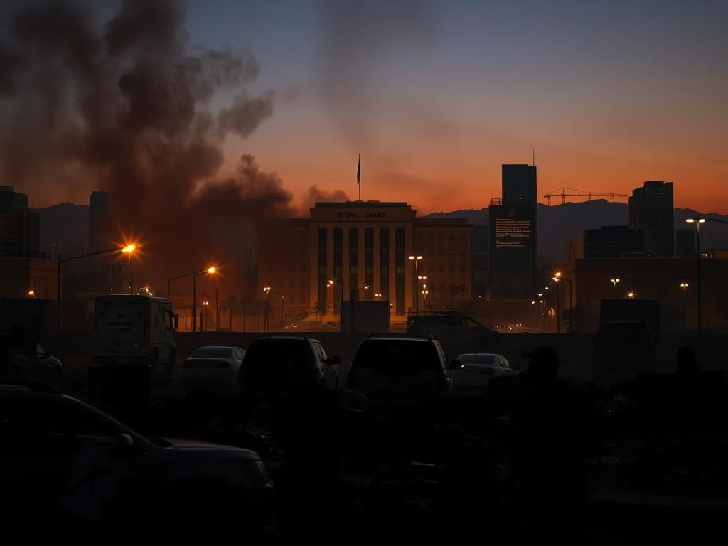 Flick International Urban landscape of Los Angeles at dusk showing signs of protest with a fractured cityscape