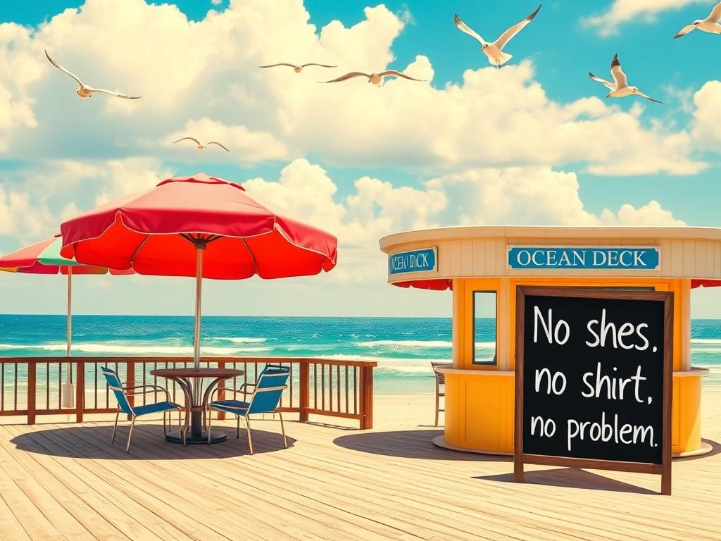Flick International Ocean Deck Restaurant & Beach Club with colorful beach umbrellas and lounge chairs overlooking the Atlantic Ocean