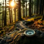 Flick International Serene woodland scene at dawn featuring a rugged path and a vintage compass on a moss-covered rock.