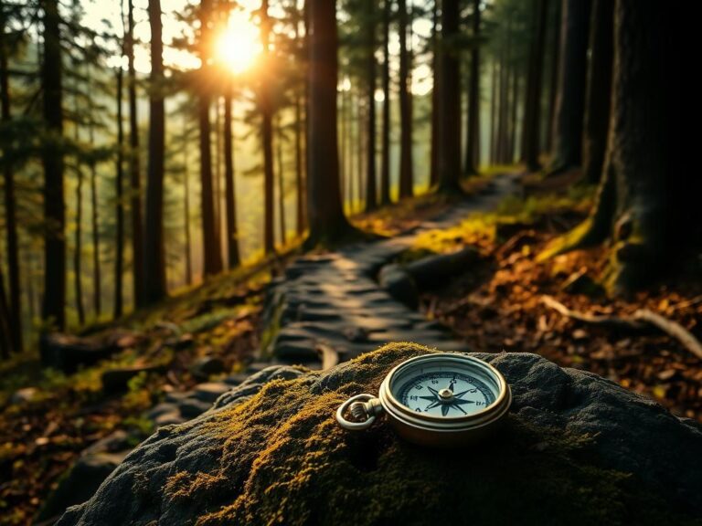 Flick International Serene woodland scene at dawn featuring a rugged path and a vintage compass on a moss-covered rock.