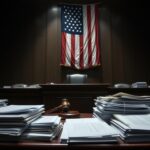 Flick International A somber courtroom scene depicting a judge's bench and scattered legal documents symbolizing a federal corruption trial
