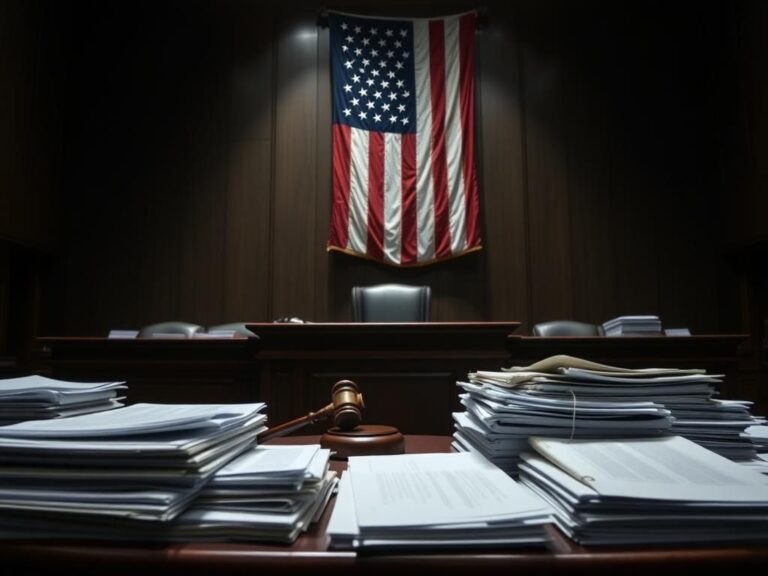 Flick International A somber courtroom scene depicting a judge's bench and scattered legal documents symbolizing a federal corruption trial