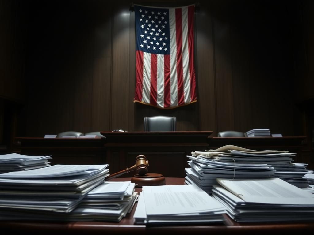 Flick International A somber courtroom scene depicting a judge's bench and scattered legal documents symbolizing a federal corruption trial