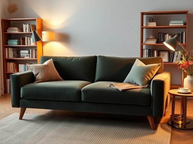 Flick International Cozy sleeper sofa in a stylish living space with decorative pillows and a warm color palette.