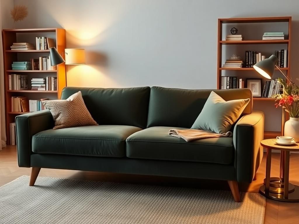 Flick International Cozy sleeper sofa in a stylish living space with decorative pillows and a warm color palette.