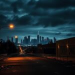 Flick International Nighttime cityscape of Los Angeles depicting turmoil with debris and police barricades.