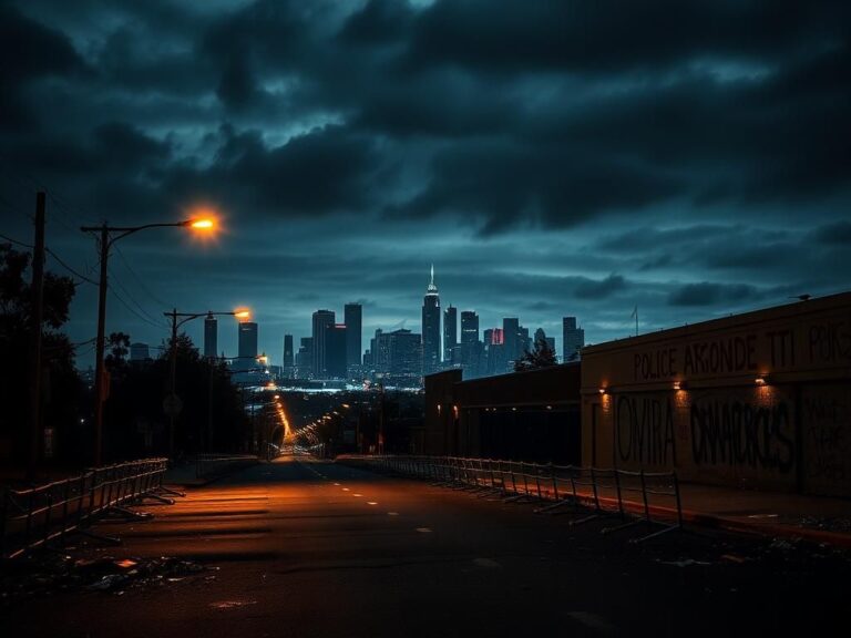 Flick International Nighttime cityscape of Los Angeles depicting turmoil with debris and police barricades.