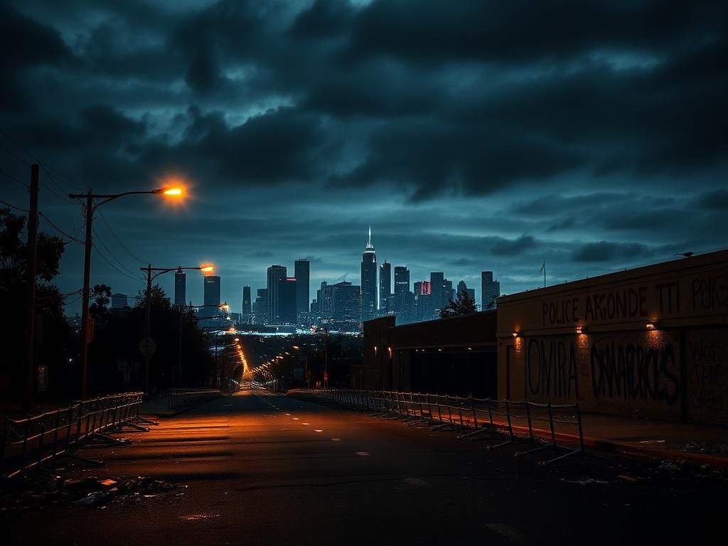 Flick International Nighttime cityscape of Los Angeles depicting turmoil with debris and police barricades.