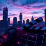 Flick International Futuristic city skyline at dusk with AI-related digital screens.