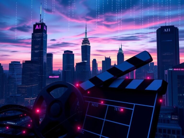 Flick International Futuristic city skyline at dusk with AI-related digital screens.