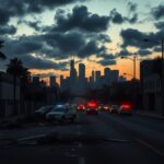 Flick International A somber urban scene of Los Angeles at dusk with street barricades