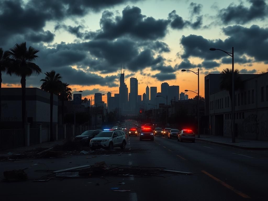 Flick International A somber urban scene of Los Angeles at dusk with street barricades