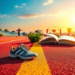 Flick International Symbolic representation of Title IX Month with a track field, running shoes, and an open book