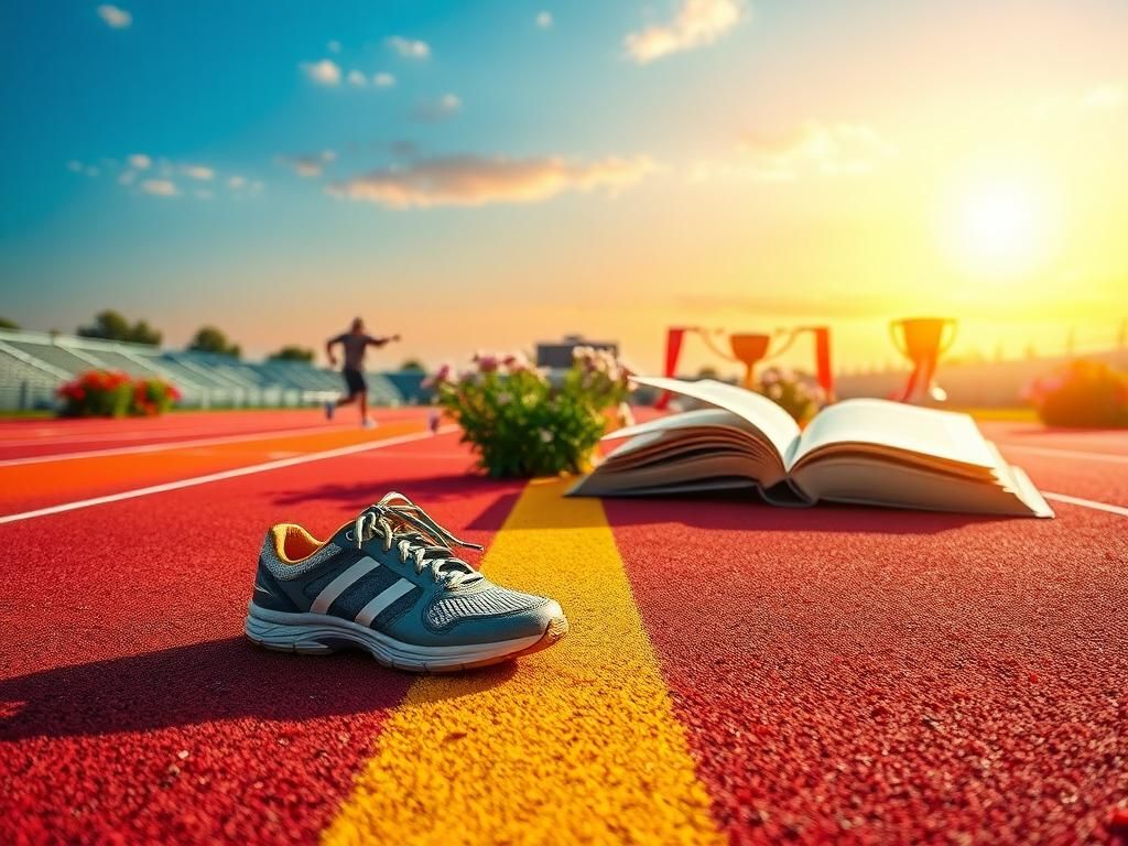 Flick International Symbolic representation of Title IX Month with a track field, running shoes, and an open book