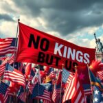Flick International Abstract representation of the 'No Kings' anti-Trump rallies with a bold banner and waving American flags.