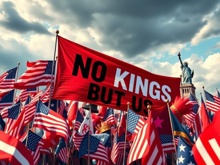 Flick International Abstract representation of the 'No Kings' anti-Trump rallies with a bold banner and waving American flags.