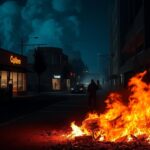 Flick International A burning car on the streets of Los Angeles after a riot, showcasing the destruction and chaos following unrest.